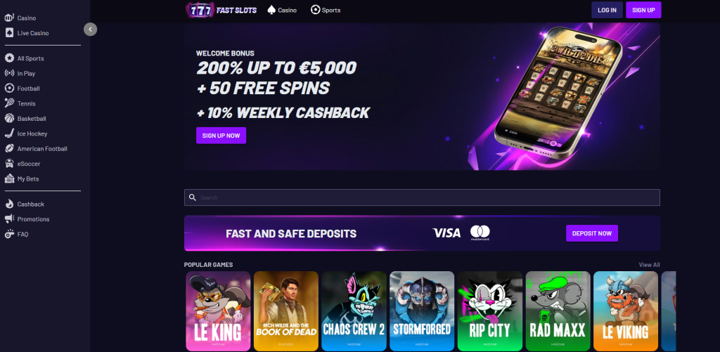 777 Fast Slots website displaying 200% welcome bonus with popular slot games preview. 777 Fast Slots Promo