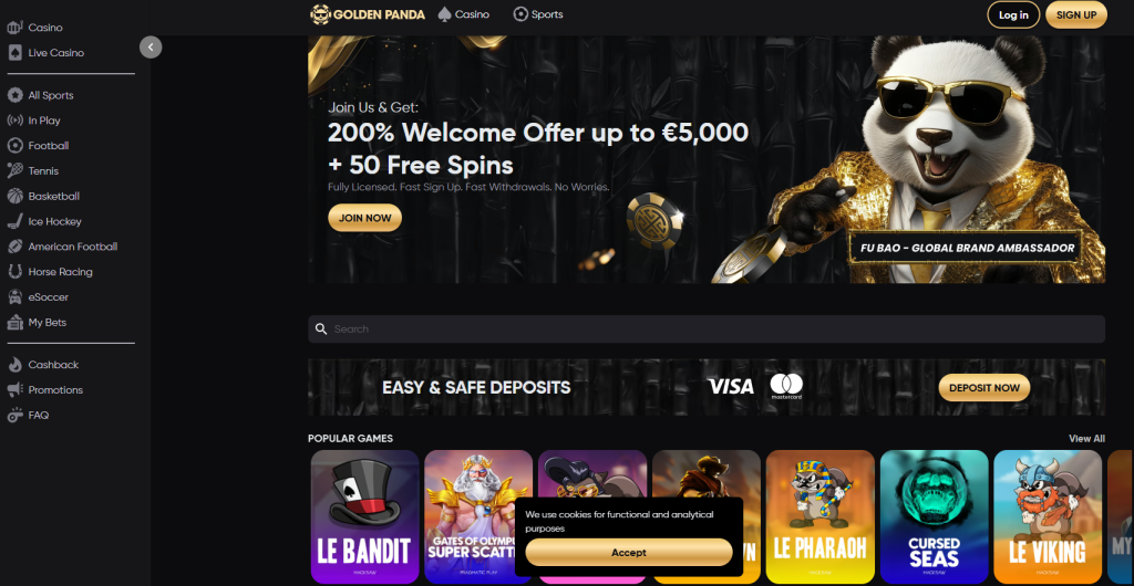 Golden Panda Casino homepage featuring a panda mascot in gold attire promoting a 200% welcome offer with 50 free spins. Golden Panda Online Gambling Site Real Money Casino Bonus
