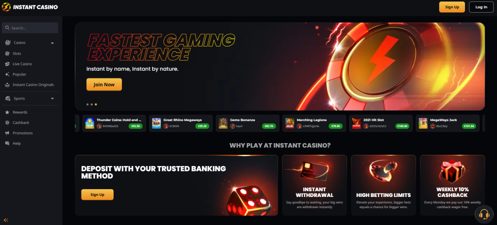Instant Casino interface promoting fast withdrawals, high limits, and cashback rewards. Instant Casino Gambling Site Front Page